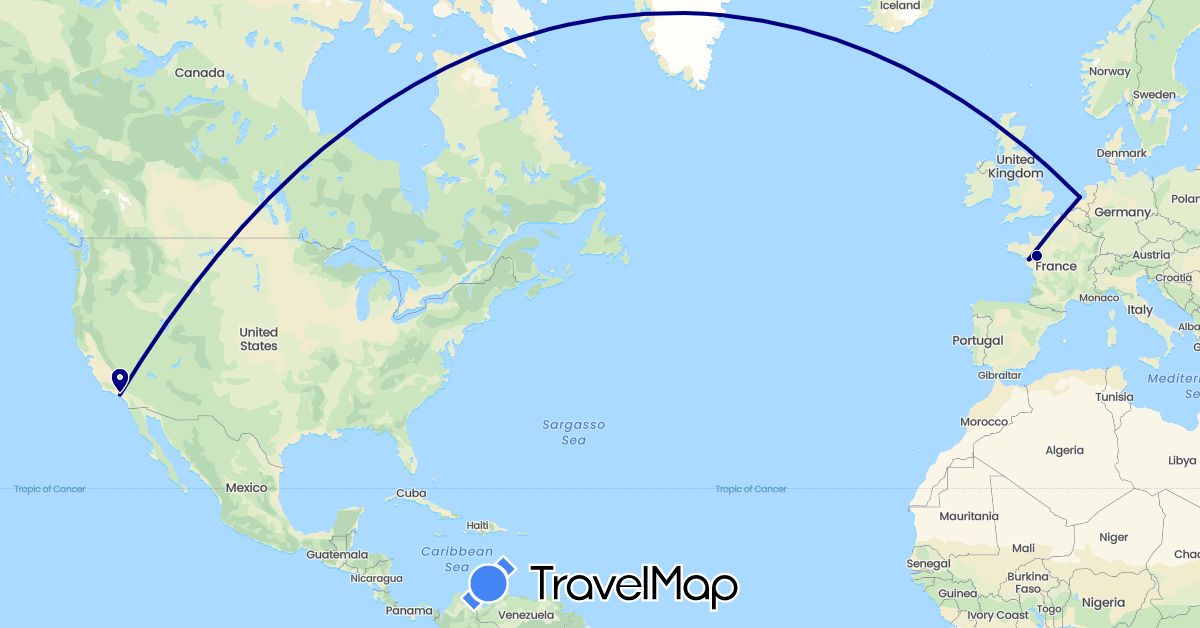 TravelMap itinerary: driving in France, Netherlands, United States (Europe, North America)